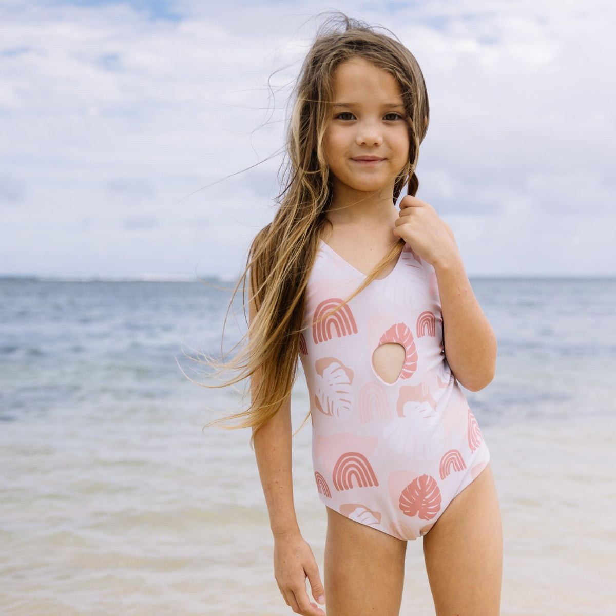 Rainbow Monstera/ Peachy Pua Peek-a-Boo reversible Swimsuit - Sweet Sweet Honey Hawaii